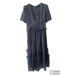 Lulu's Blue Polka Dot‎ Tiered Maxi Dress Size M Ruffles Short Sleeve V-Neck